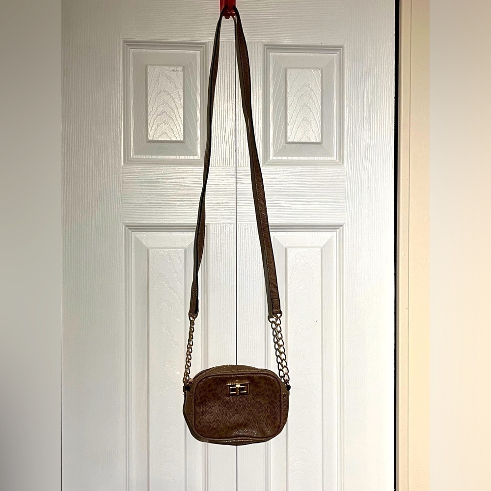 Elle Small Brown Snakeskin Print Crossbody Bag with Gold Chain